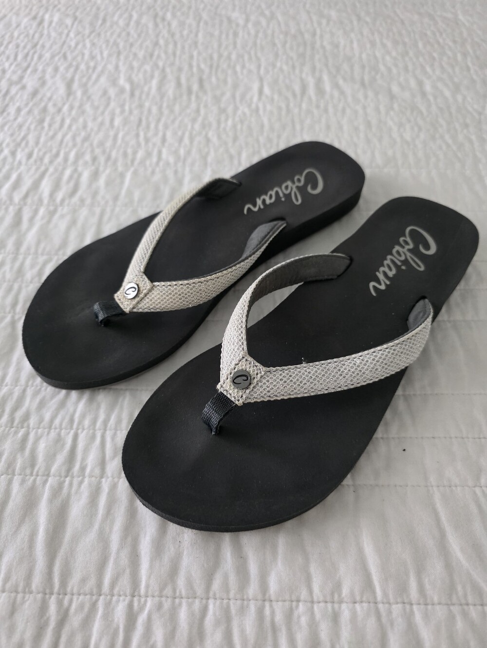 Cobian Prov 3:5-6 Women’s Black Flip Flop Sandals with Cream Sparkle Straps